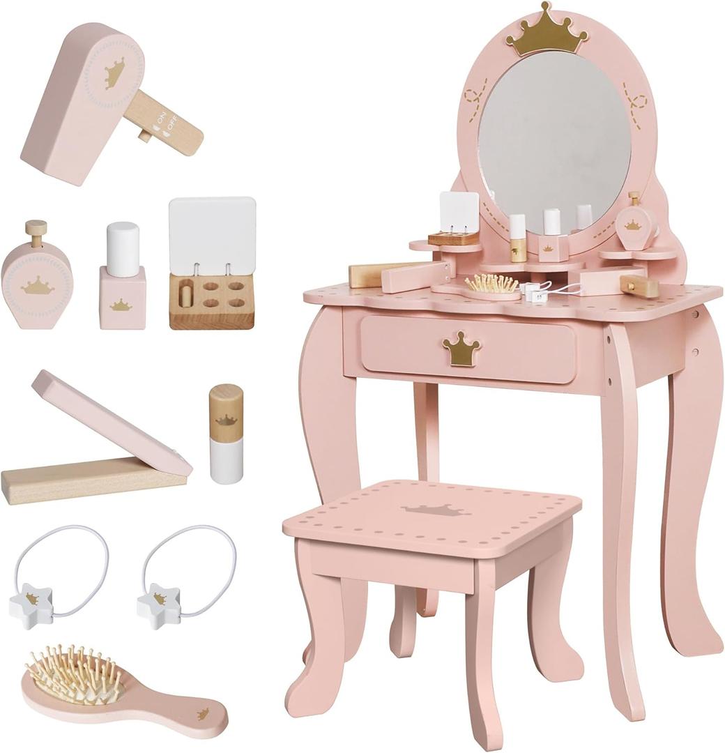 Girls Makeup Table with Mirror and Chair, Kids Toy Dressing Table with Storage Drawer, Pretend Play Baby Vanity Set with 9 pcs Multiple Make up Accessories (Extra)