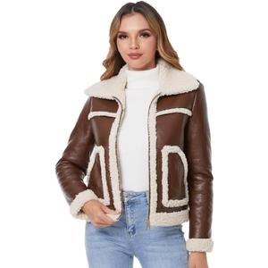 DIASHINY Women's Faux Shearing Fur Winter Coat Warm Thick Fur Lined Faux Leather Jacket (038 Brown)