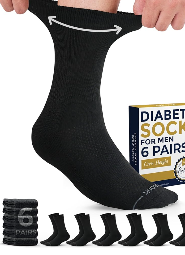 Pembrook Diabetic Socks for Men - 6 Pairs Crew Diabetic Socks for Women, Neuropathy, Non Binding, M