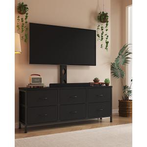 TV Stand with Mount, Fabric Dresser with 6 Drawers for 32/45/55/60/65/75 inch TVs, Black Dresser Entertainment Center, Modern Media TV Console Table