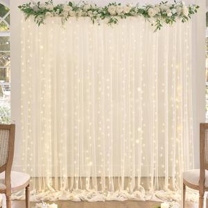 Champagne Tulle Backdrop Curtain with Lights String for Parites Wedding 5x8ft Champagne Sheer Backdrop Curtains for Bridal Shower Baby Shower Birthday Party Photo Booth Background Decorations