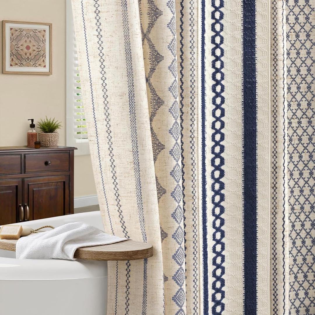 Nave Blue Boho Shower Curtain for Bathroom,Beige Linen with Striped Print and Twine-Inspired Woven Center,72" W x 72" L