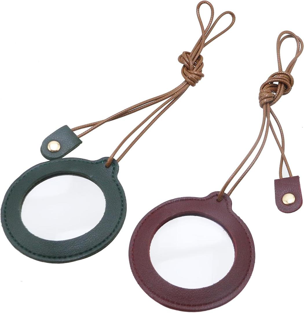 Wealrit 2 Pcs Vintage Leather 10X Magnifiers Necklace Portable 48mm Diameter Magnification Lens Glass Pendant(Burgundy, Dark Green)