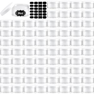 Dandat 72 Pcs 8 oz Plastic Jar Container with Lid and Label Refillable Empty Round White PET Cosmetic Sample Slime Containers for Lotion, Cream, Ointments, Body Butter, Makeup, Travel Storage