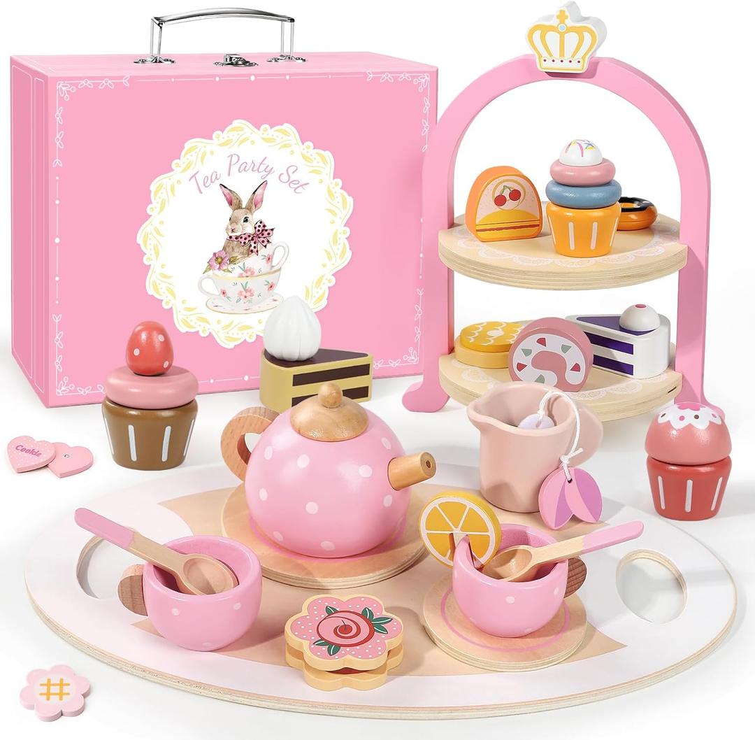 Wooden Tea Party Set for Little Girls, Toddler Girl Gifts Princess Tea Time Toys, Wooden Tea Set Tray Cake Dessert, Kids Kitchen Pretend Play, Birthday for Girls Age 25 Years Old