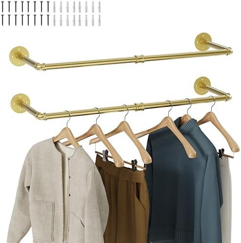 RSFMAS Wall Mounted Clothes Rack 2 Pack, Industrial Pipe Clothing Rack 28 Inch Gold, Wall Clothes Hanger for Bedroom, Cloakroom, Closet, Hallway, Boutique Display, Drying Racks Wall-Mount for Laundry