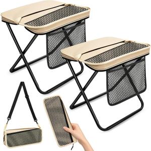 2 Pack XL Portable Chairs for Adults, 14.2" Wide Seat & Knee-Friendly Folding Stool Pocket Chair, Foldable Backpack Stool, Heavy Duty Collapsible Camping Seat for Fishing Travel - Khaki