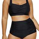 Daci Women Black High Waisted Twist Front Plus Size Bikini Vintage RetroTwo Piece Swimsuits Bathing Suits Ruched Swimwear 24 Plus