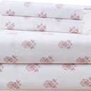 Comfort Spaces 100% Cotton Sheets Queen, Breathable, Naturally Cool Cotton Sheets, Soft Cotton Bed Sheets with 14" Elastic Pocket Fits up to 16" Mattress, All Seasons Sheet Set, Floral Pink 4 Piece