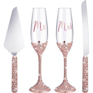 Sratte 4 Pcs Wedding Cake Knife and Champagne Flutes Server Set, Toasting Crystal Rhinestone Champagne Flutes Glasses Cake Knife Pie Server Wedding Gifts for Couple Bride Groom (Rose Gold)