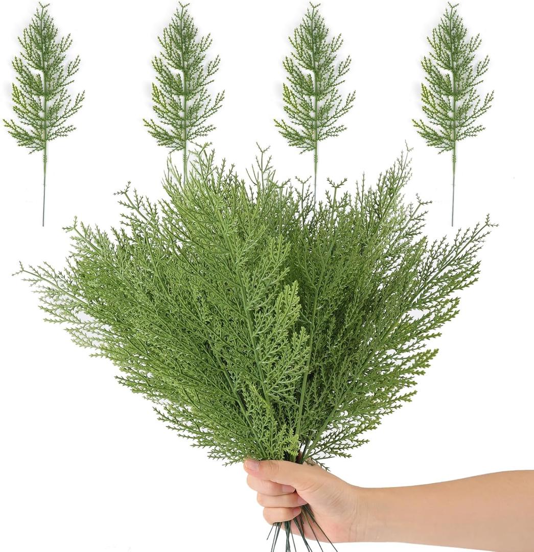 Hananona Artificial Pine Branches, 80 Pcs Christmas Faux Cedar Stems, Artificial Faux Cedar Branches, Fake Christmas Greenery Pine Picks for Wreath Craft DIY Home Kitchen Decorations (80, Green)