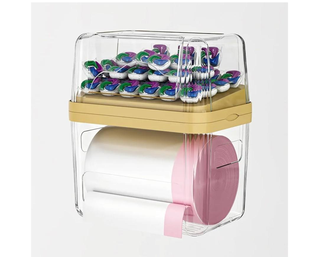 ZZWILLB 2in1 Trash Bag Dispenser & Laundry/Dishwasher Pods Container, Clear Acrylic Garbage Bag Organizer with Removable Lids, Under Sink Kitchen Storage Box