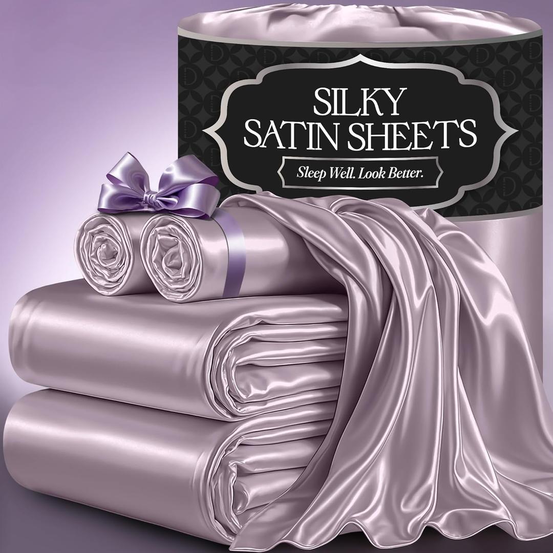 DECOLURE Satin Bed Sheets - 4 Piece Luxury Silky King Size Bedding Set - Softer Than Silk, Wrinkle-Free with 15 Deep Pocket Fitted Sheet, Perfect for Hair & Skin, Gifts for Women (Lavender)