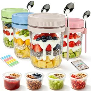 4Pcs Overnight Oats Containers with Lids and Spoons,16oz Glass Meal Prep Jars with Measurement Marks, Leak-Proof Breakfast Food Storage for Yogurt, Cereal, Salad, BPA-Free (4 Colors)