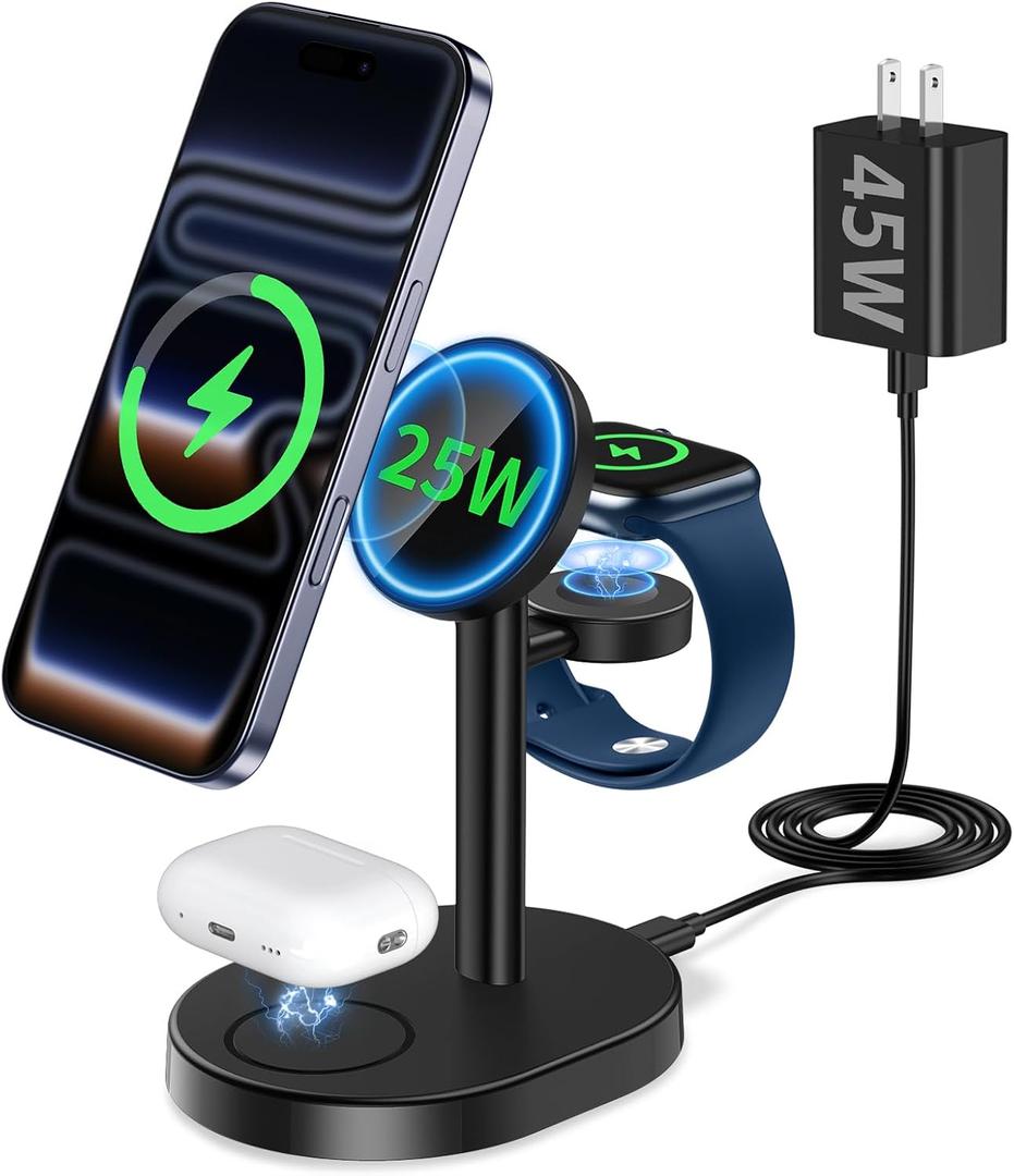 25W 3 in 1 Super Fast Charging Station for Apple MagSafe Charger, Wireless Magnetic Mag-Safe Charger Stand for iPhone 17 16 15 14 13 12 Apple Watch AirPods Series, 45W Adapter Included