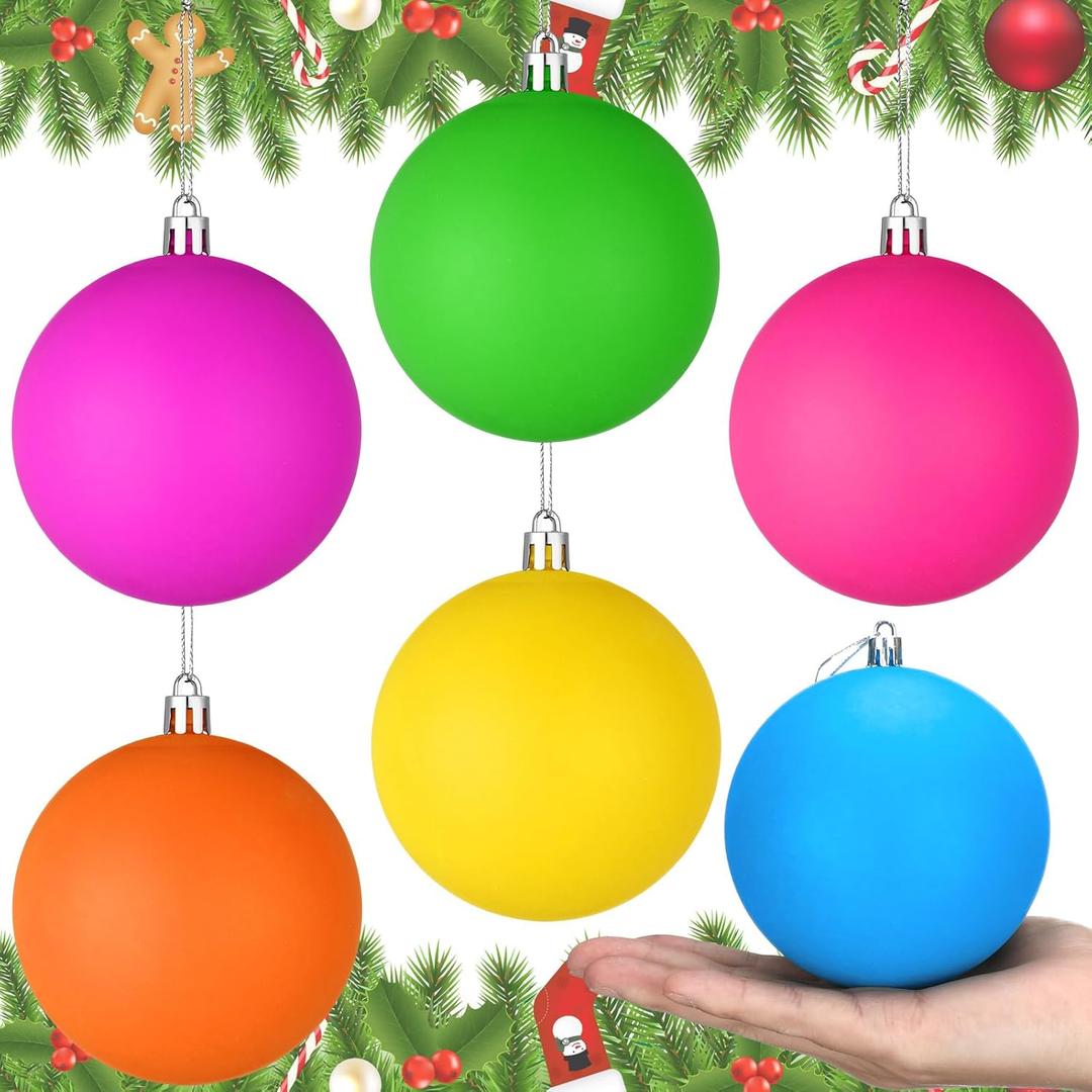 6 Pcs 4 Inches Large Neon Christmas Balls Ornaments Colored Shatterproof Baubles Bright Christmas Tree Decoration Fluorescence Plastic Hanging Balls Ornaments for Xmas Holiday Party Home