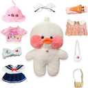Cute Plush Toy Set with 9 Pcs Clothes, White Duck Stuffed Animal with Glasses - Kawaii Duck Gifts for Kids, Pink