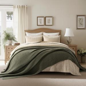 EVERGRACEHOME Chunky Polyester Knit Throw Blanket for Couch, Soft Luxurious Oversized King Moss Stitch Blanket for Bed, Large Cozy Farmhouse Knitted Throw for Sofa, Olive Green, 92" x 108"