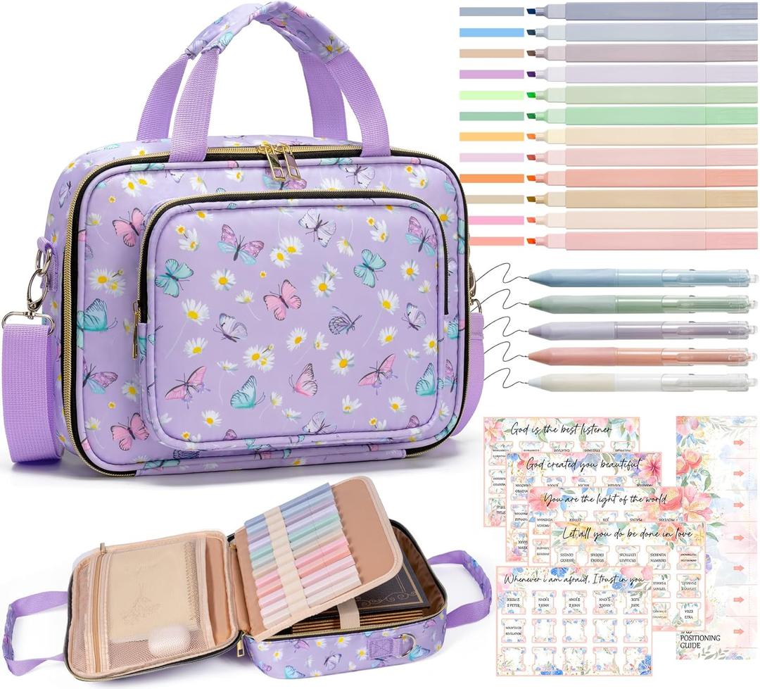 Bible Cover Case for Women, Large Bible Bag w/Shoulder Strap, Bible Study Supplies Journaling Kit Book Carrying Case with Pastel Highlighters 75 Tabs, Mothers Day Christian Gifts for Women Mom Teacher