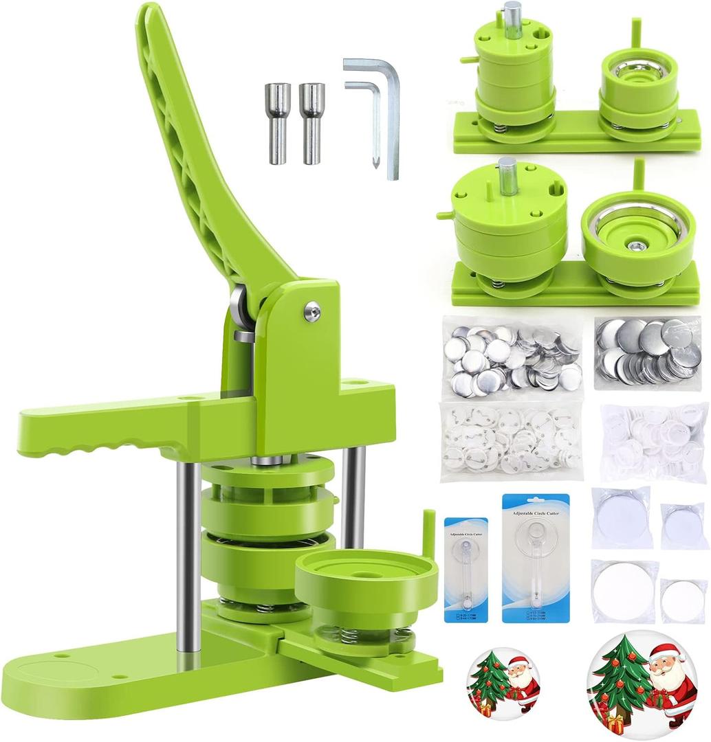 Button Maker Machine - Multiple Sizes 1.25in+2.25in, Kit for DIY Gifts, Button Press Machine with Free 200PCS 32-58mm Supplies & 2 Circle Cutter (Green 1.25+2.25 inch (200 Sets))