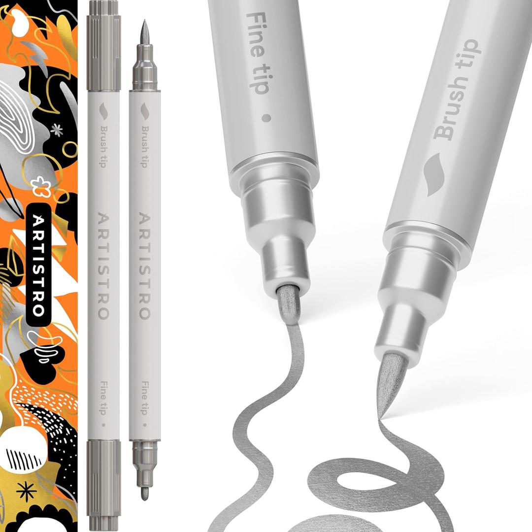 ARTISTRO 2 Silver Dual-Tip Acrylic Paint Pens - Multisurface Markers for Glass, Rock, Fabric, Wood, Plastic & More - 1 mm Fine & Brush Tips