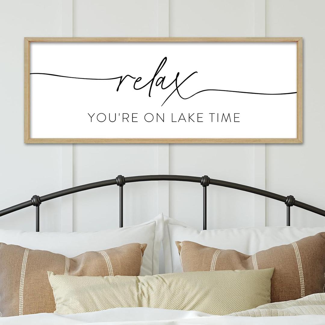 YWMZYKJGS Relax You're On Lake Time Wall Decor Art 32"x12" Lake House Sign Above Bed Bedroom Large Rustic Living Room Wood Framed Vintage Horizontal Wall Hanging (Wood)