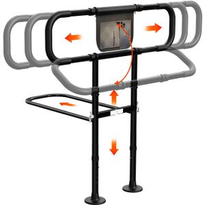 Zelvia Bed Rails for Elderly Adults Safety with Motion Light & Storage Pouch - Retractable & Foldable Bed Handrails Assist Bedrails for Seniors, Surgery Patients & Handicap (Black)