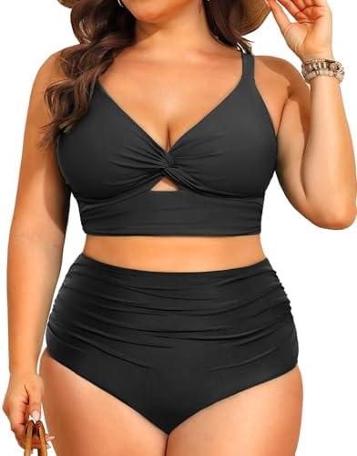 Daci Plus Size Two Piece Swimsuits - Women High Waisted Bikini Tummy Control Bathing Suits Knot Twist Swimwear 2025, Size: 20W, Black
