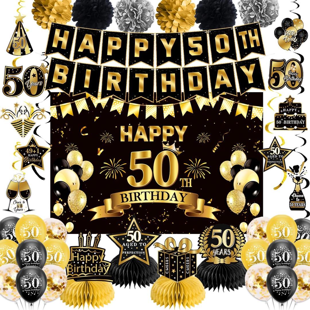 50th Birthday Decorations, Pre-Strung Happy Birthday Banner with Balloons, Backdrop, Honeycomb Centerpieces, Hanging Swirl Streamers, Black Gold Happy Birthday Party Decorations for Men Women