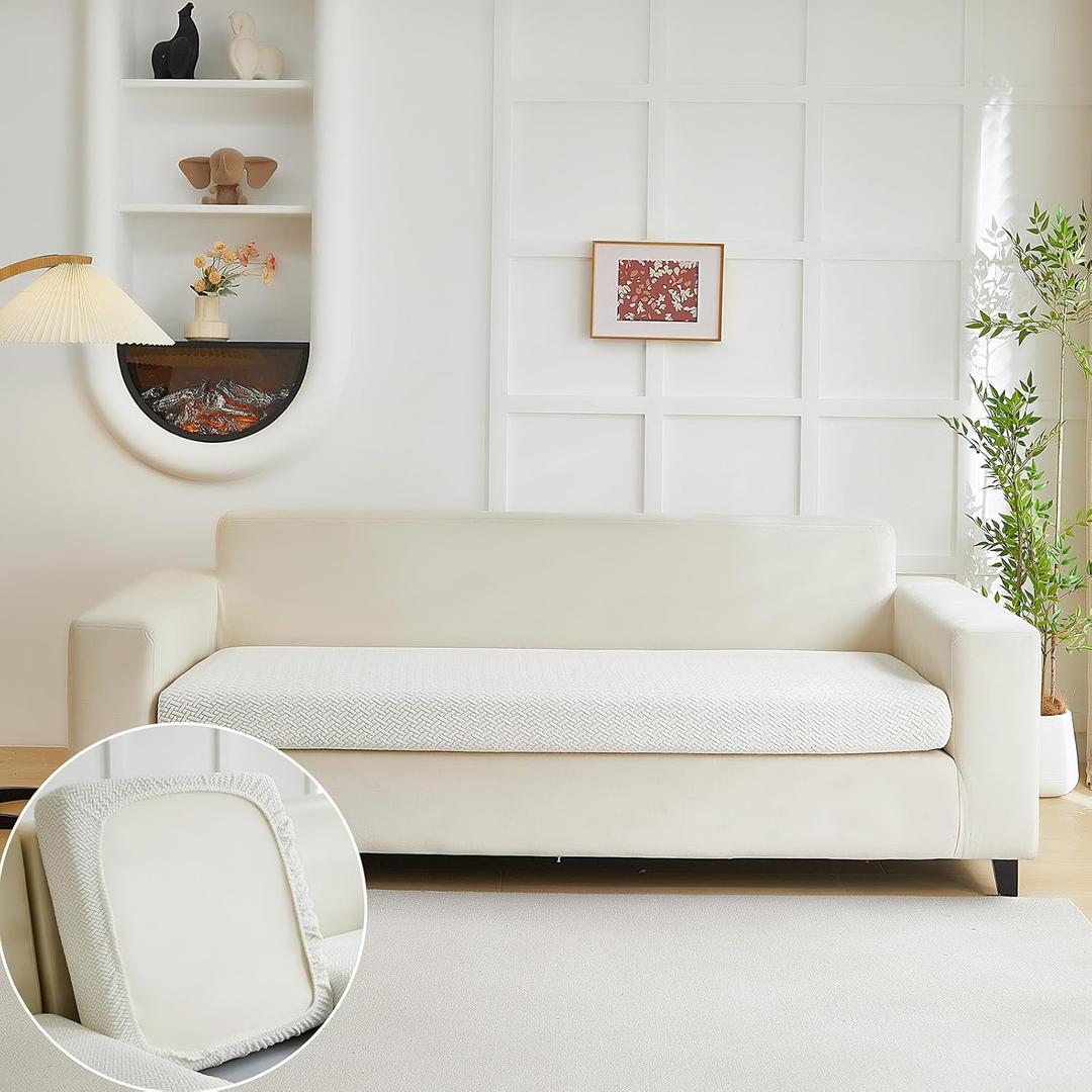 Couch Cushion Covers for Sofa Couch Covers Wear-Resistant Universal Sofa Cover Washable Stretch for Sectional Slipcovers (Texture-Cream White,Large Triple Seat Cover)