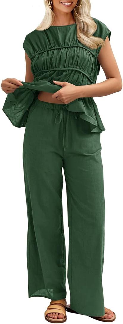 Tankaneo Womens 2 Piece Sets Summer Linen Babydoll Peplum Pleated Tank Top Pants Set Cotton Travel Vacation Outfits (Green)