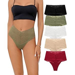 SHARICCA Women Seamless High Waist Underwear Sexy Floral Lace Thong Soft Comfortable Panties Pack, 5P01,S