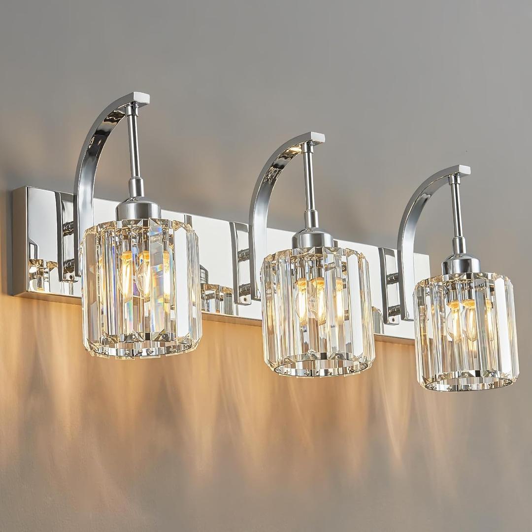 3-Light Crystal Vanity Light, Modern Chrome Bathroom Wall Sconce with K9 Crystal Shades, 23.62" Long Over Mirror Lighting for Vanity, Makeup, Hallway, Elegant & Durable