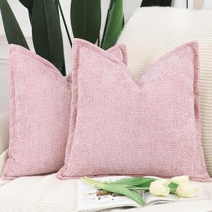 MADIZZ Chenille Velvet Throw Pillow Covers with Flange Set of 2 Super Soft Boho Textured Pillow Covers Decorative Throw Pillowcases Modern Farmhouse Home Decor for Sofa Bedroom Pink 20x20 Inch