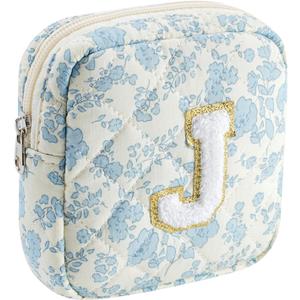 JOVAKIT Small Quilted Alphabet Makeup Bag Cosmetic Bag for Women, Gifts for Girls Age 2-16, Floral Flowers Cotton Travel Toiletry Pouch, Zipper Make Up Lipstick Data Cable Organizer Bag (Blue J)