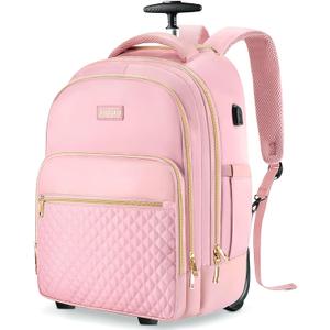 Arcoyard Rolling Backpack, Carry On Luggage Adults With Wheels, 17 Inch Wheeled Backpack For Women, Travel Roller Backpack, Rolling Bag, Pink Gold