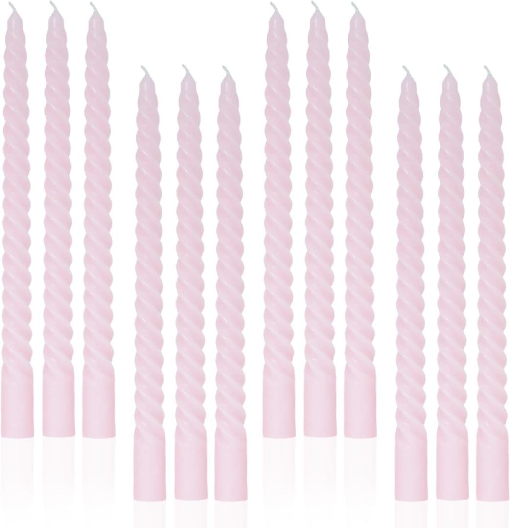 LPUSA Light Pink Tall Taper Candles Spiral Candle Sticks, Unscented Pastel Candle for Holiday, Wedding and Home Decoration, 10inch, 12 Pack(E-Light Pink)