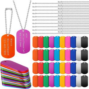 Yinkin 200 Pcs Military Dog Tags Set Including 100 Pcs Aluminum Blank Dog Tags 100 Pcs Ball Steel Chain Rectangle Blank Labels Metal Stamping Label for DIY Decorative Craft Laser Engraving(Multicolor)