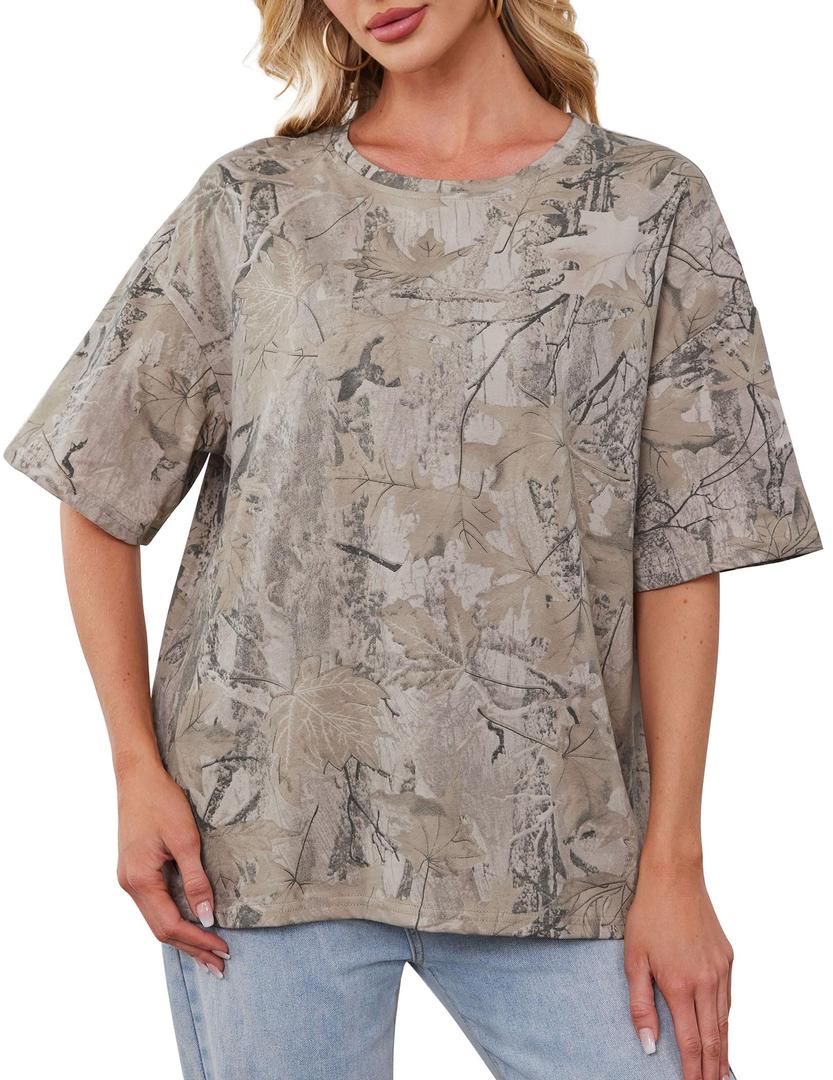 Eutten Womens Camo Shirt Maple Leaf Print Summer Tops Short Sleeve Oversized Crewneck T Shirts Loos Fit Graphic Tee (Brown, L)