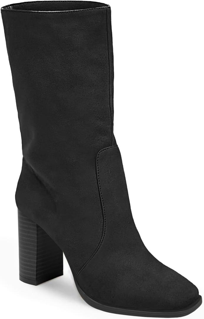 Juliet Holy Womens Mid-calf Boots Chunky Stacked Heel Square Toe Side Zipper Slip-on Suede Winter Booties (Black)
