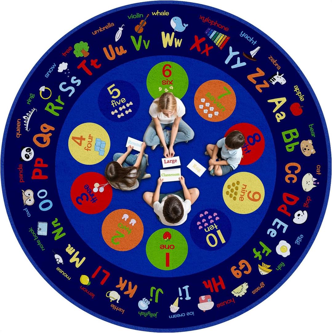 Round Classroom Rug, 66Ft ABC Rugs for Kids Playroom, Education Classroom Carpet Elementary for Learning Alphabet, Numbers, Words, Area Preschool Playmat for Daycare Kindergarten