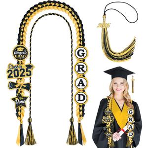 Graduation Leis 2025 Graduation Cords Graduation Tassel with 2025 Gold Charm, Graduation Money Leis 8 Graduation Glitter Patches Cord Tassel Charms for Graduation Decorations (Black & Gold)
