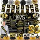 Zirtorei 50th Birthday Decorations for Men, 21pcs Vintage 1975 Banner Party Supplies, Black Gold 50 Year Old Birthday Backdrop, 50 Birthday Honeycomb Centerpiece Hanging Swirls Balloon Sash Gifts