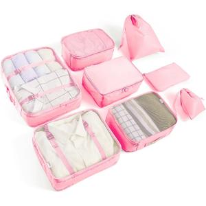 8 Set Packing Cubes for Suitcases Travel Luggage Packing Organizers,Travel Essentials Luggage Organizer Accessories for Shoe Bag Tioletry Bag Laundry Bag (Pink)