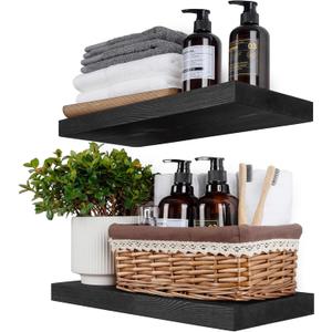 BGMG Wood Floating Shelves 16 inch, Wide Rustic Wooden Wall Shelves for Bathroom Living Room Bedroom Kitchen Farmhouse Set of 2-16x 6.7 x1.25 inch- Black