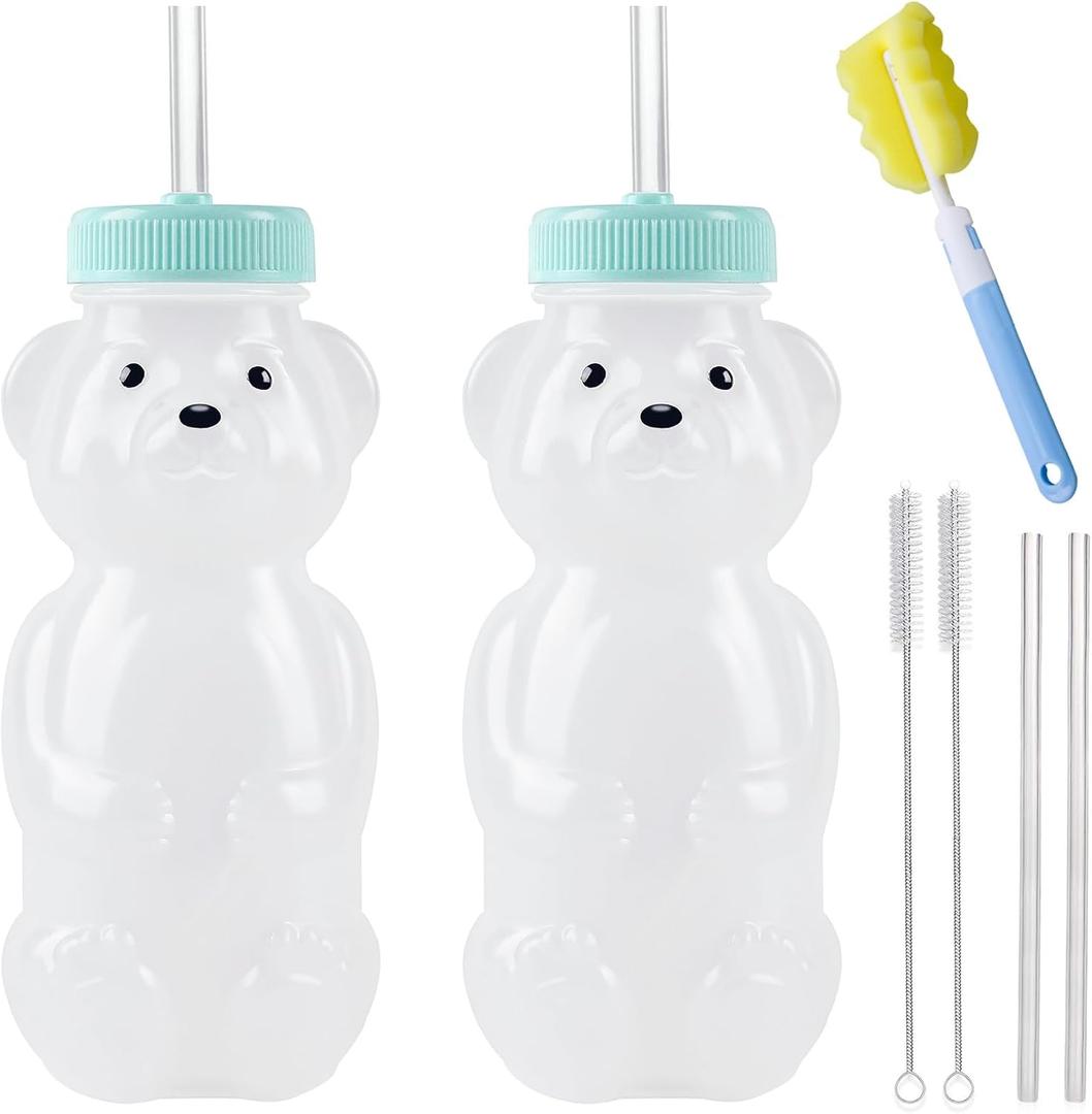 Honey Bear Straw Cups, Juice Bear Bottle Drinking Cup Long Straws with 4 Flexible Straws & Cleaning Tools, 8-Ounce Therapy Sippy Bottles for Speech and Feeding Training, Food-Grade & BPA Free 2 Pack, Aqua