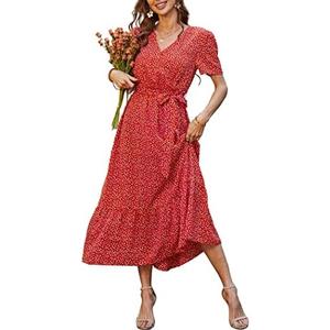 PRETTYGARDEN Women's Summer Floral Boho Maxi Dress Wrap Short Sleeve V Neck Ruffle A-Line Flowy Wedding Guest Long Dresses Size Small, Red Orange 