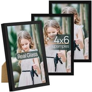 upsimples 4x6 Picture Frame Set of 3, Made of High Definition Glass for 4 x 6, Wall and Tabletop Display Thin Border Photo Frames for Home Decor, Black