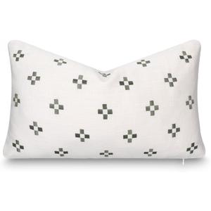 Crumbs Home Modern Farmhouse California Casual Indoor Outdoor Lumbar Pillow Cover, 12"x20" Water Repellent for Patio, Backyard, Couch, Poolside, Neutral Green Embroidered Small Squares