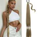 Long Braided Ponytail Extension for Women Soft Lightweight Synthetic DIY Hairpiece Wrap Around Pony Tail Style for Daily Wear & Parties (34 Inch Light Brown) (Light brown mixed dark blonde)
